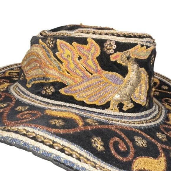 Vintage Myanmar Burmese Burma Kalaga floppy Hat Phoenix Sequins Embroidery. - Picture 8 of 12